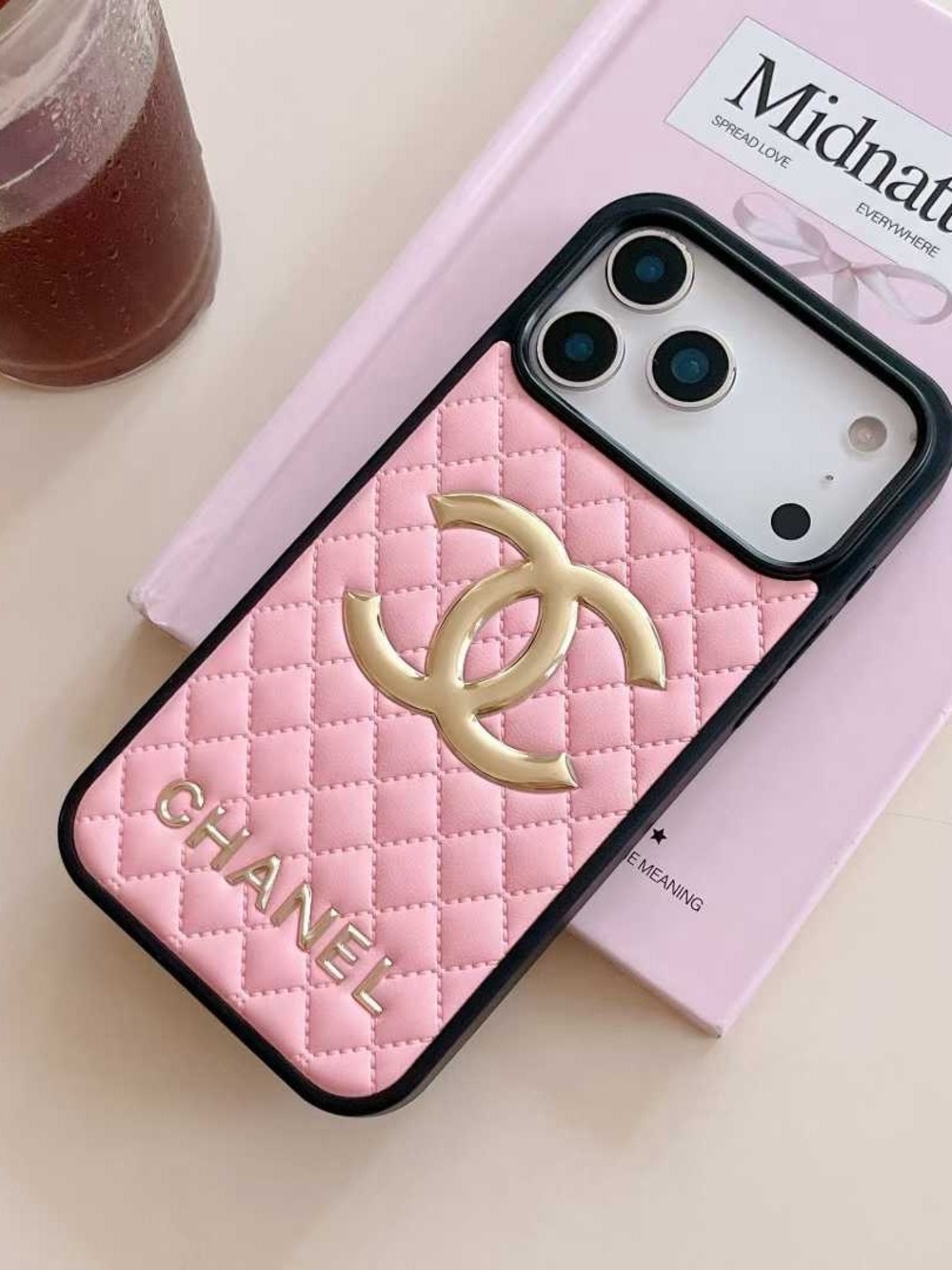 17 pro max Pink Quilted Phone Case with Gold logo